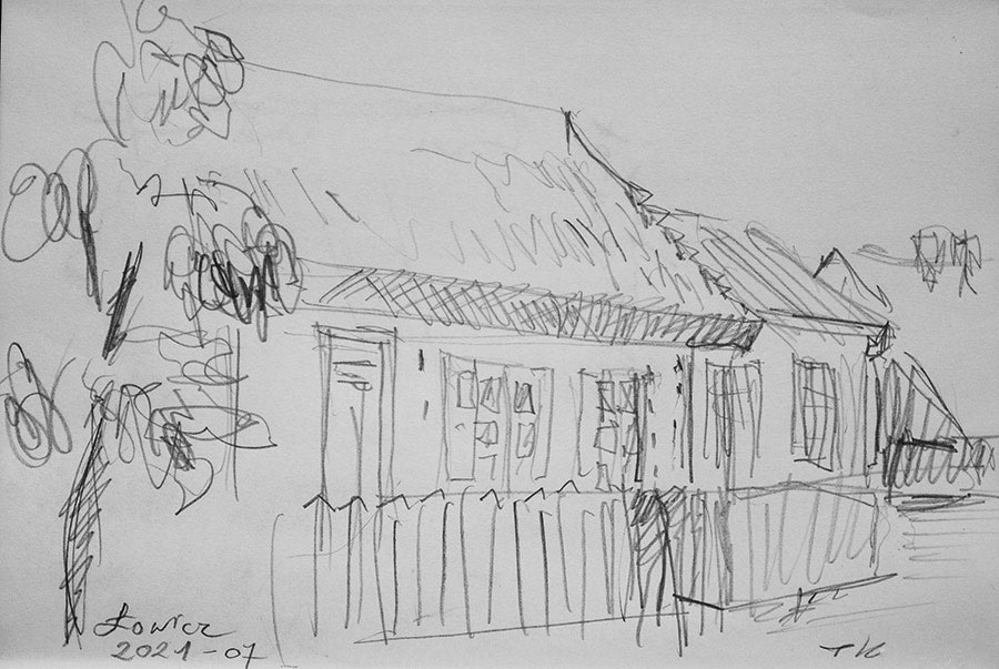 rysunek starych drewnianych domów